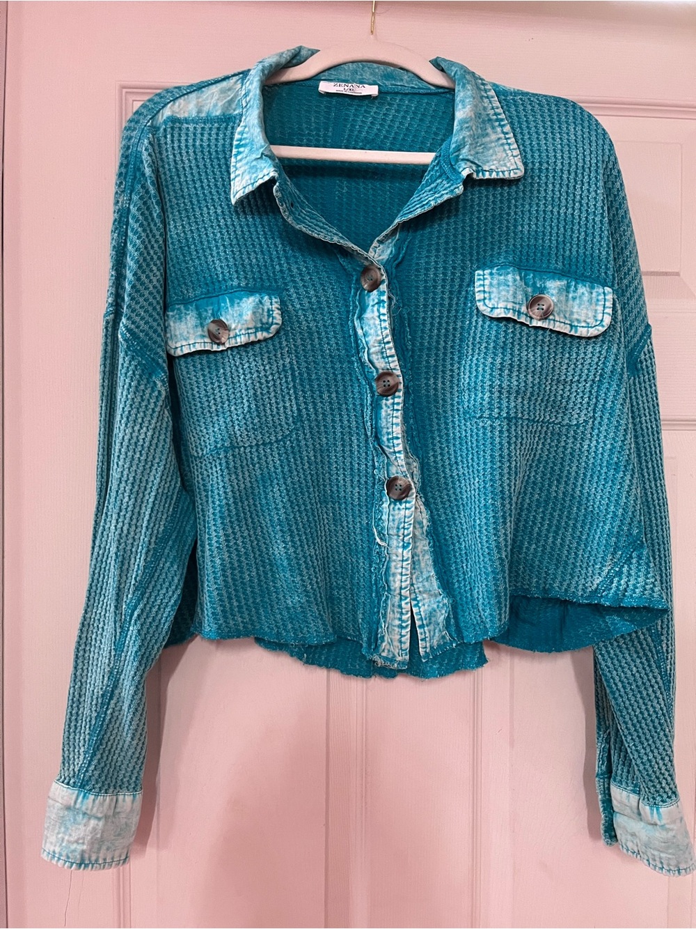 Zenana Teal Waffle Knit Button-Up lightweight Shacket
Size large/XL runs smaller